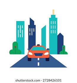 Autonomous car moving through city roads surrounded by intelligent urban infrastructure