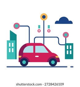 Automóvil autónomo que se mueve a través del tráfico urbano conectado con comunicación digital en tiempo real