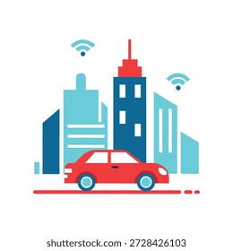 Automóvil autónomo moviéndose por el distrito de negocios urbano apoyado por sistemas de movilidad inteligentes