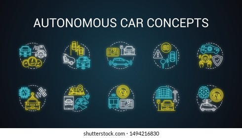 Autonomous car neon light concept icons set. Car robotic features. Driverless vehicles. Intelligent auto idea. Glowing sign with alphabet, numbers and symbols. Vector isolated illustration