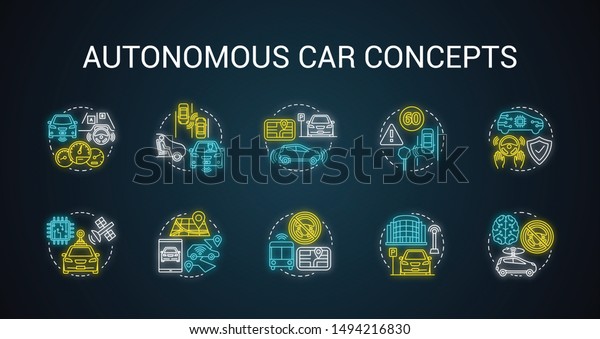 Autonomous car neon light concept icons set.\
Car robotic features. Driverless vehicles. Intelligent auto idea.\
Glowing sign with alphabet, numbers and symbols. Vector isolated\
illustration