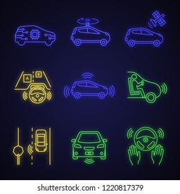 Autonomous car neon light icons set. Self-driving automobile, LIDAR, satellite control. Sensors detecting road signs, other vehicles, pedestrians. Glowing signs. Vector isolated illustrations