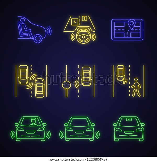 Autonomous car neon\
light icons set. Self-driving automobile. Sensors, video camera\
detecting road signs, pedestrians, other vehicles. Glowing signs.\
Vector isolated\
illustrations