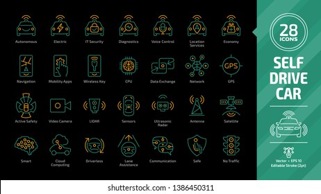 Autonomous car outline icon set on a black background with driverless self drive sensor smart vehicle, automated connected transport and intelligence system color editable stroke mobility sign.