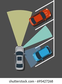 Autonomous car parking top view. Self driving vehicle with radar sensing system. Driverless automobile parking. Vector illustration.