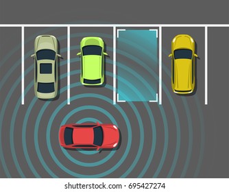 Autonomous car parking top view. Self driving vehicle with radar sensing system. Driverless automobile parking. Vector illustration.