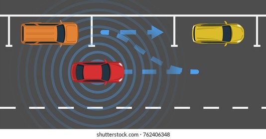 Autonomous car parking top view. Self driving vehicle with radar sensing system. Driverless automobile parking. Vector illustration.