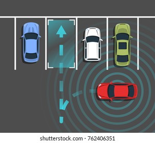 Autonomous car parking top view. Self driving vehicle with radar sensing system. Driverless automobile parking. Vector illustration.