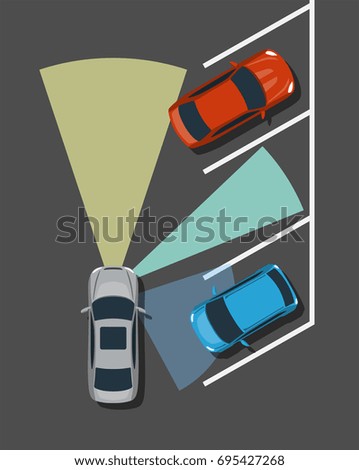 Autonomous car parking top view. Self driving vehicle with radar sensing system. Driverless automobile parking. Vector illustration.