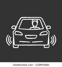 Autonomous car with partial automation chalk icon. Smart car with ultrasonic, odometry sensors. Auto with driver. Self driving automobile. Driverless vehicle. Isolated vector chalkboard illustration