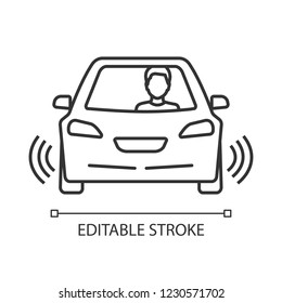 Autonomous car with partial automation linear icon. Smart car with ultrasonic, odometry sensors signals. Auto with driver assistance. Thin line illustration. Vector isolated drawing. Editable stroke
