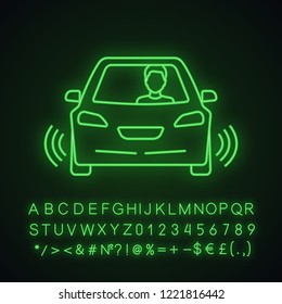 Autonomous car with partial automation neon light icon. Smart car with ultrasonic, odometry sensors signals. Auto with driver assistance. Glowing alphabet, numbers. Vector isolated illustration
