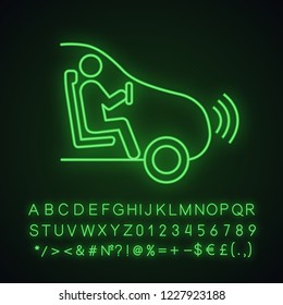 Autonomous car with partial automation neon light icon. Smart car with driver assistance. Self driving vehicle hands off level. Glowing sign with alphabet, numbers. Vector isolated illustration