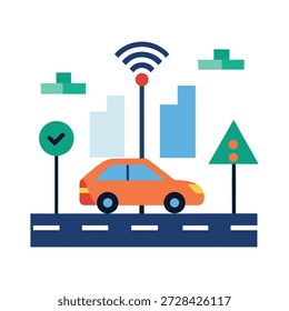 Automóvil autónomo que pasa por el cruce de la ciudad inteligente con señales de tráfico inteligentes