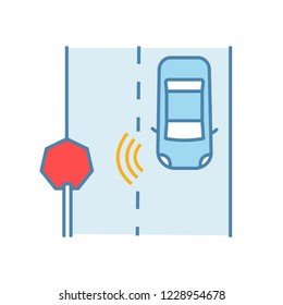 Autonomous car reading road sign color icon. Driverless car detecting traffic signs with video camera. Thin line illustration. Self driving automobile on road. Isolated vector illustration