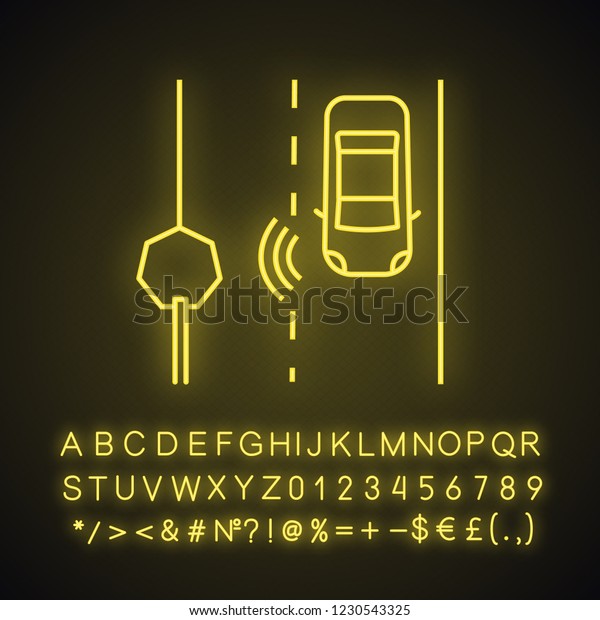 Autonomous car reading road sign neon light\
icon. Driverless car detecting traffic signs with video camera.\
Thin line illustration. Glowing sign with alphabet, numbers. Vector\
isolated\
illustration