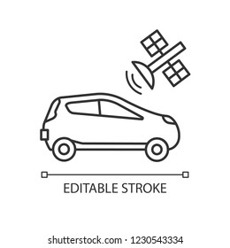 Autonomous car with satellite control linear icon. Smart car with GNSS. Thin line illustration. Self driving automobile and Global Navigation Satellite system. Vector isolated drawing. Editable stroke