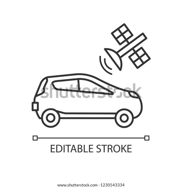 Autonomous car with satellite control linear icon.\
Smart car with GNSS. Thin line illustration. Self driving\
automobile and Global Navigation Satellite system. Vector isolated\
drawing. Editable\
stroke
