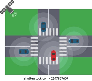 Autonomous car with satellite; top view. Self driving vehicle.