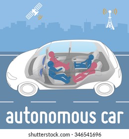 autonomous car seats that can tilt, swivel and slide, passengers silhouette, vector illustration