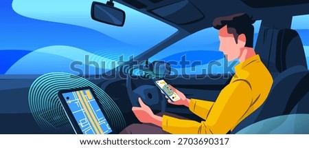 Autonomous car self driving technology man using smartphone digital dashboard navigation blue abstract background modern transportation concept