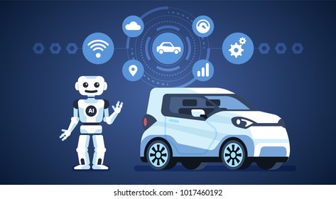 Autonomous car. Self-driving car with robot and icons. Artificial intelligence on the road. Vector infographics illustration