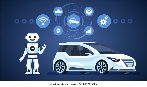 Autonomous car. Self-driving car with robot and icons. Artificial intelligence on the road. Vector infographics illustration