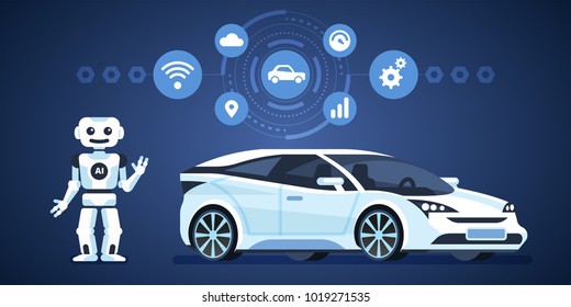 Autonomous car. Self-driving car with robot and icons. Artificial intelligence on the road. Vector infographics illustration