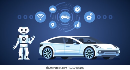 Autonomous Car. Self-driving Car With Robot And Icons. Artificial Intelligence On The Road. Vector Infographics Illustration