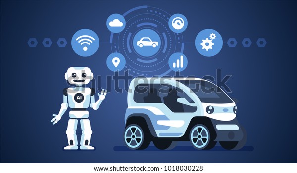 Autonomous\
car. Self-driving car with robot and icons. Artificial intelligence\
on the road. Vector infographics\
illustration