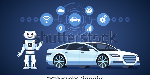 Autonomous
car. Self-driving car with robot and icons. Artificial intelligence
on the road. Vector infographics
illustration