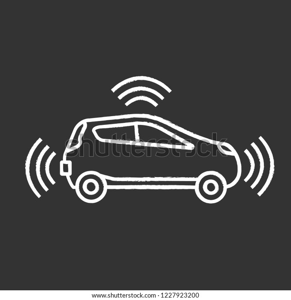 Autonomous car in\
side view chalk icon. Smart car with sensors signals. Intelligent\
auto. Self driving automobile. Driverless vehicle. Isolated vector\
chalkboard\
illustration