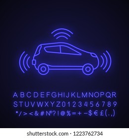 Autonomous car in side view neon light icon. Smart car with sensors signals. Intelligent auto. Self driving automobile. Driverless vehicle. Glowing alphabet, numbers. Vector isolated illustration