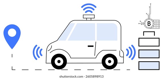 Autonomous car with signal waves, a GPS pin, and a blockchain symbol. Ideal for autonomous vehicles, smart transportation, blockchain technology, vehicle communication, GPS navigation. Modern