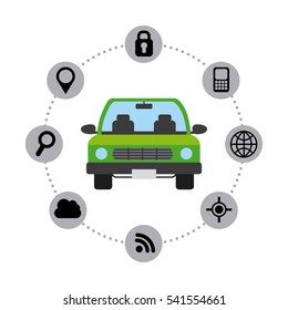 autonomous car with smart icons around over white background. colorful design. vector illustration