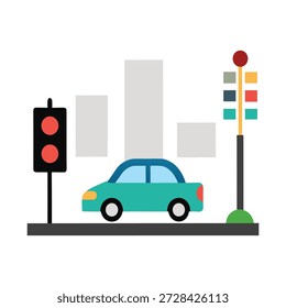 Automóvil autónomo que se detiene suavemente en el semáforo inteligente en el entorno urbano