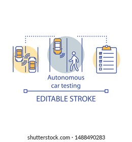 Autonomous car testing concept icon. Emergency situations avoid. Vehicle and pedestrians safety examination idea thin line illustration. Vector isolated outline drawing. Editable stroke
