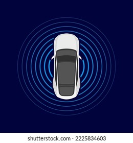 Autonome Auto-Draufsicht. Selbstfahrendes Fahrzeug mit Radarsensoren. Fahrerloses Auto auf der Straße. Vektorgrafik