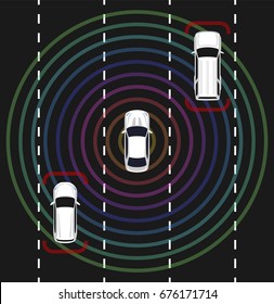 Autonomous car top view. Self driving vehicle with radar sensing system. Driverless automobile on road. Vector illustration.