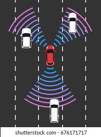 Autonomous car top view. Self driving vehicle with radar sensing system. Driverless automobile on road. Vector illustration.
