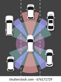 Autonomous car top view. Self driving vehicle with radar sensing system. Driverless automobile on road. Vector illustration.