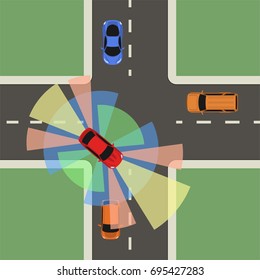 Autonomous car top view. Self driving vehicle with radar sensing system. Driverless automobile on road. Vector illustration.