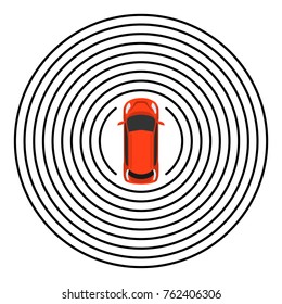 Autonomous car top view. Self driving vehicle with radar sensing system. Driverless automobile on road. Vector illustration.