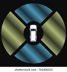 Autonomous car top view. Self driving vehicle with radar sensing system. Driverless automobile on road. Vector illustration.