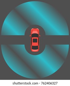 Autonomous car top view. Self driving vehicle with radar sensing system. Driverless automobile on road. Vector illustration.
