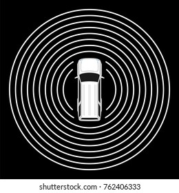 Autonomous car top view. Self driving vehicle with radar sensing system. Driverless automobile on road. Vector illustration.