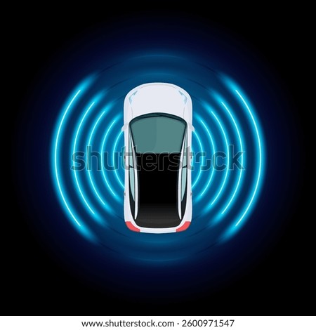 Autonomous Car: Top View of Self-Driving Vehicle with Radar Sensing System and Smart Park Assist - Vector Illustration