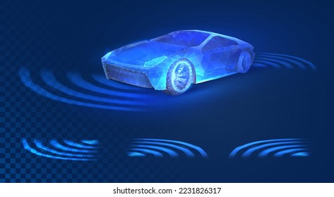 Autonome Auto mit Touchsensoren in futuristischer Art. Ein intelligentes Fahrzeug mit Bewegungssensoren für sicheres Fahren. Vektorgrafik einer holografischen Transportsilhouette