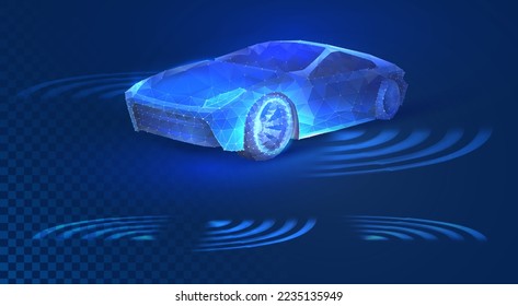 Autonomous car with touch sensors in a futuristic style. A smart vehicle with motion sensors for safe driving. Vector illustration of a holographic transport silhouette