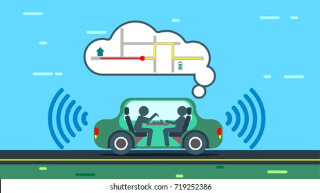 The autonomous car travels along the city road, automatically paves the route of the trip. The autonomous car uses gps maps. Passengers of an unmanned car rest. VECTOR